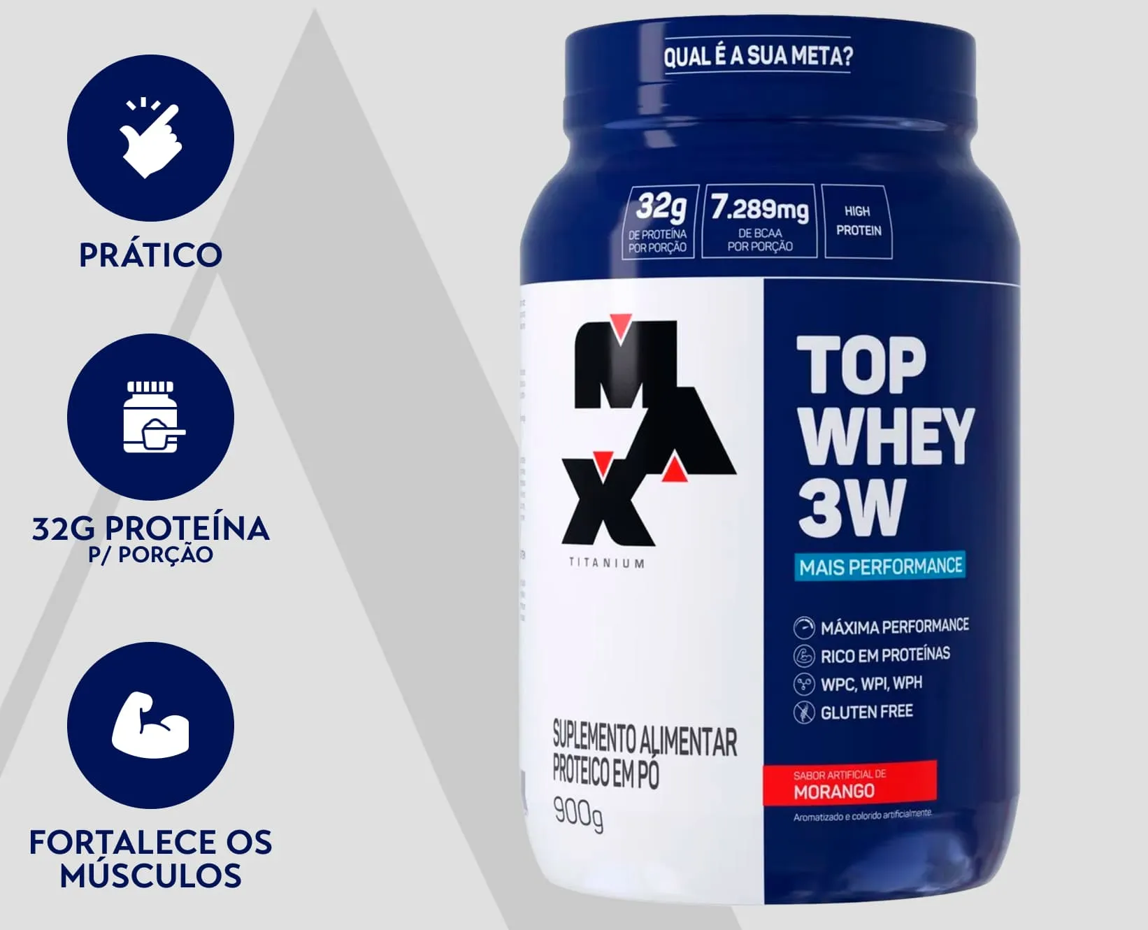 Top Whey de Morango 3W | Max | Morango | 900g